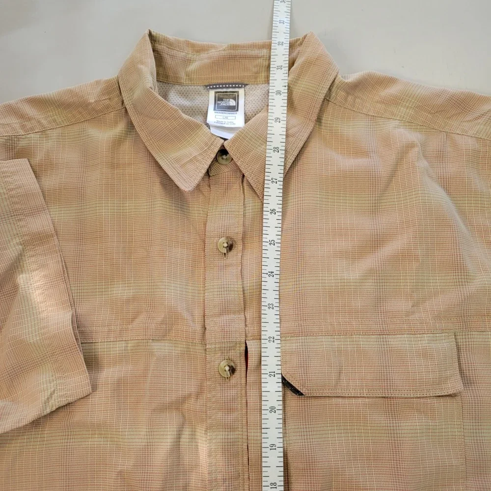 The North Face Mens Large Tan Orange Micro Plaid‎ Short Sleeve Button Down Shirt